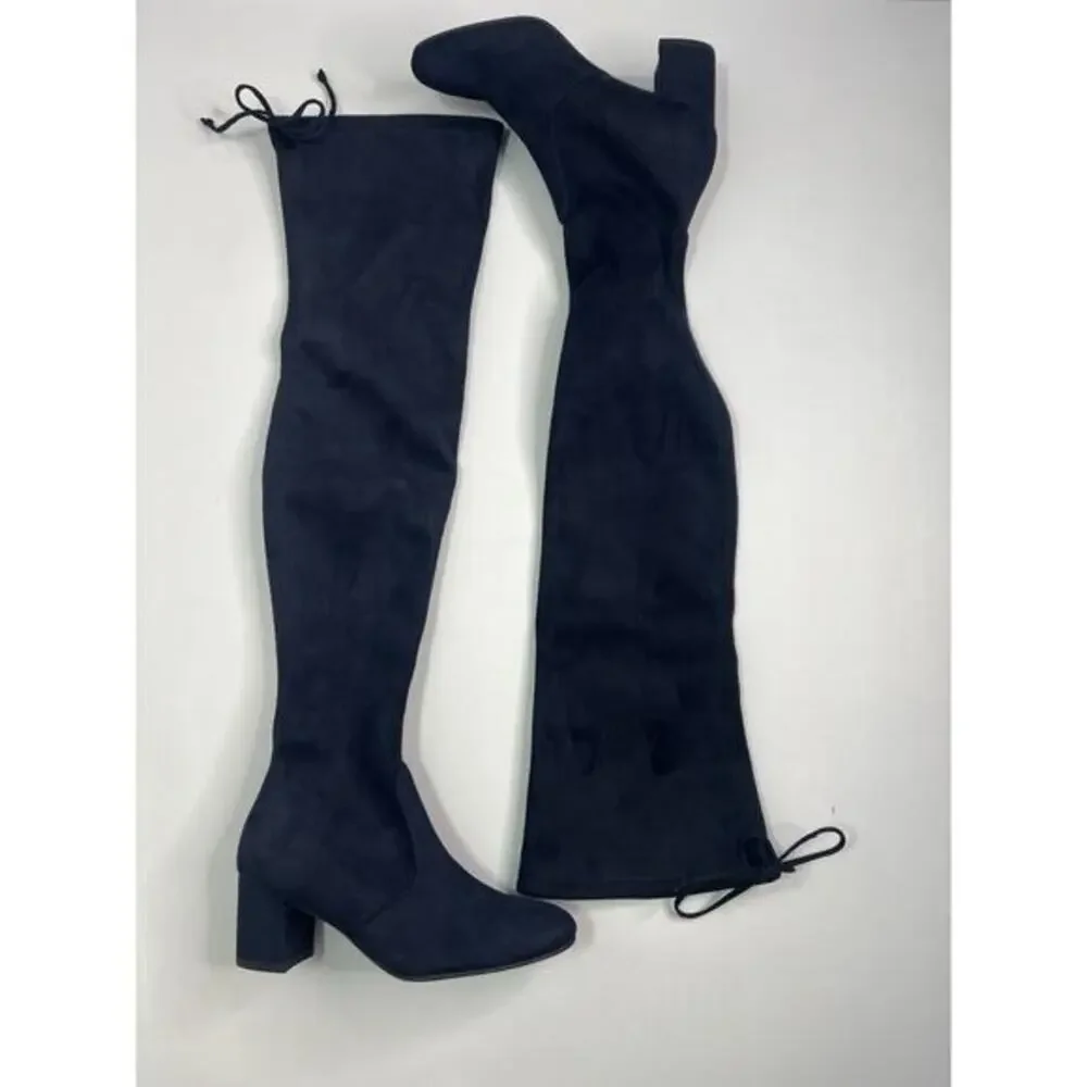 Stuart Weitzman Thigh-High Boots Heeled Navy Blue Suede Tie Women’s Size 5
